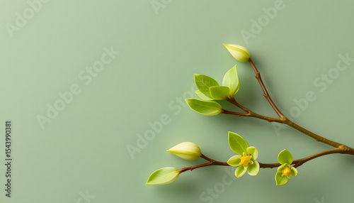 Vibrant green set for spring sprucing with delicate twigs adorned in fresh young leaves and ample copy space on a simple neutral backdrop, hyperrealism. isolated with white highlights