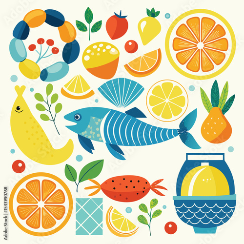 Charming Mediterranean Summer Poster Collection with Lemons, Seafood & Coastal Patterns