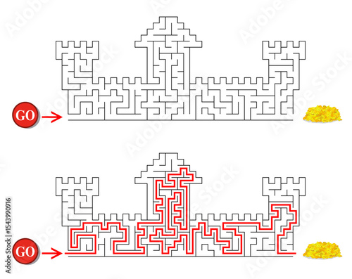 Maze inside castle with towers. Brick fortress labyrinth. Medium difficulty vector puzzle with entry and exit. Riddle with solution - red passing route. Logic game for kids and parents