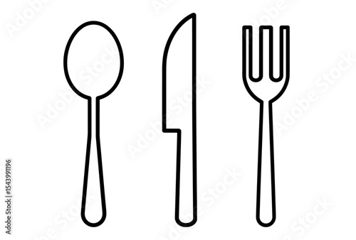 Dining spoon, knife, fork icon pack in thin line, cutlery vector illustration, kitchen tools, minimal flat style, table utensils silhouette, cooking equipment, food service, cutout.