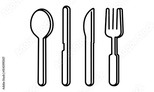 Cutlery set with spoon, fork, knife icon in line style, vector illustration, dining utensils silhouette, kitchen tableware, culinary tools, eating utensils, cooking symbol, png.