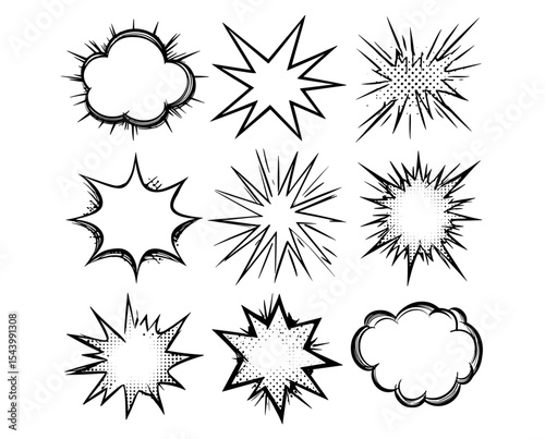Starburst speech bubbles vector illustration, explosion icon, burst shape, star sticker design, comic boom, isolated on white, abstract label, pop art explosion.