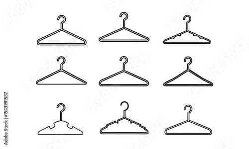 Thin line hanger icon collection, closet clothing organizer, minimalist wardrobe hanger vector illustration, garment care symbols, isolated on white background, fashion accessories.
