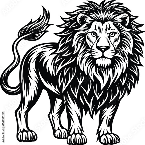 Dynamic black and white vector illustration of a powerful wild lion head, perfect for tattoos or striking art
