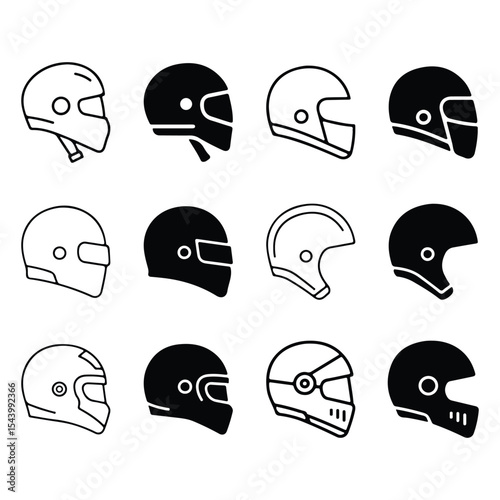 Set of motorcycle helmet icons in black and white silhouette style
