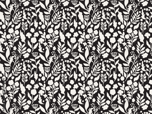 Black background white floral leaves seamless pattern illustration | flower pattern | hand drawn | bogo flower and leaves floral seamless pattern  background