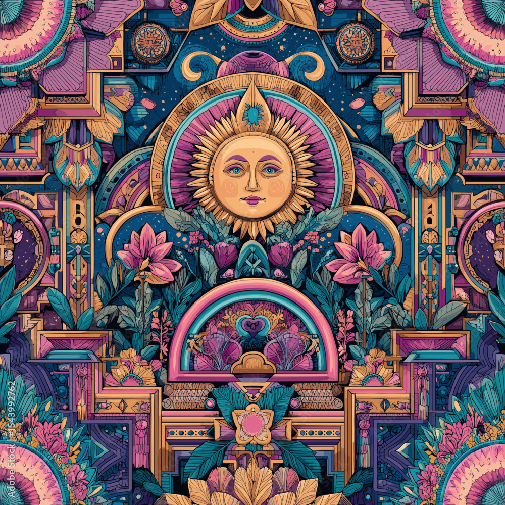 Fototapeta premium Sun, Flowers, Crystals and Mandalas Art Painting