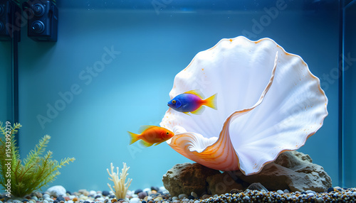 Vibrant aquarium setup with decorative shells, colorful fish, and easy maintenance., smooth light. isolated with white highlights