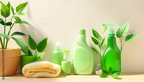 Eco-conscious natural green cleaning solutions, flat papercut style. isolated with white highlights