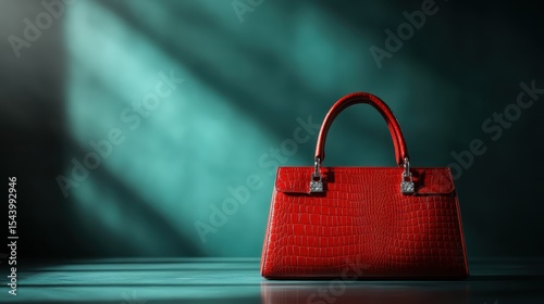 A striking red crocodile handbag elegantly placed on a minimalist surface, beautifully highlighting its luxurious texture and craftsmanship against a moody background.