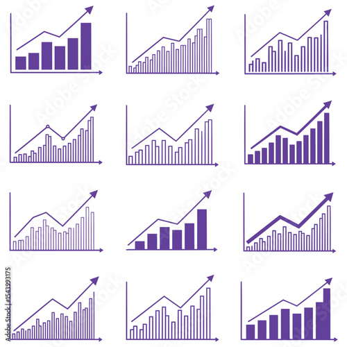 Collection of business charts and graphs illustrating financial growth and success with arrows
