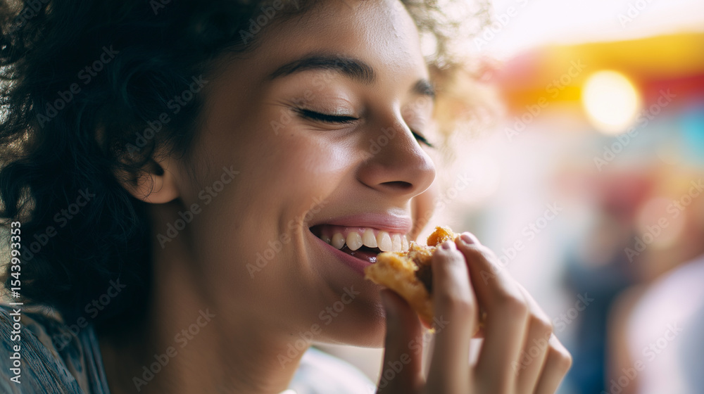 Joyful young woman smiles with eyes closed while enjoying a bite of street food in sunlight.
Joyful young woman smiles with eyes closed while enjoying a bite of street food in sunlight.