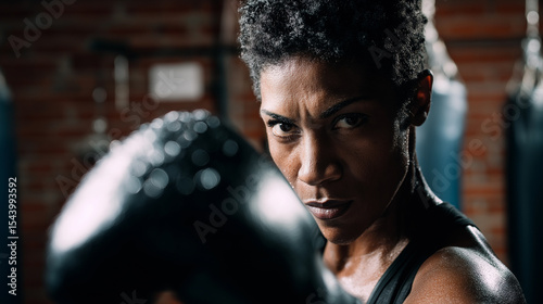 Focused female boxer throws a powerful punch during training in a gritty gym environment.
 photo