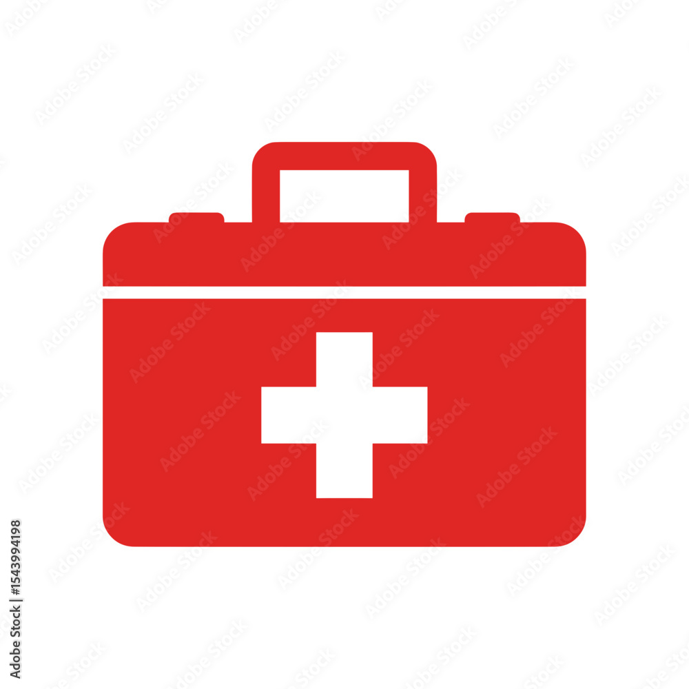 Obraz premium Red medical first aid kit icon with white cross, vector illustration 