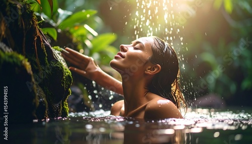 Woman bathing waterfall jungle.