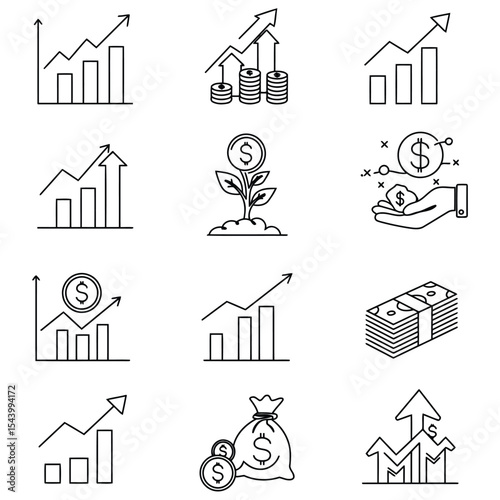 Line art collection of financial growth icons featuring charts and money elements on white