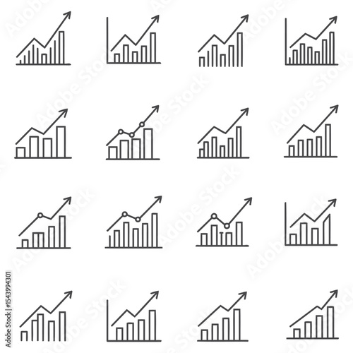 Set of growing financial charts and graphs representing business success and growth
