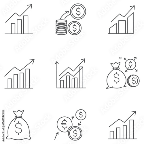 Set of minimalist financial and business icons illustrating growth and economic concepts