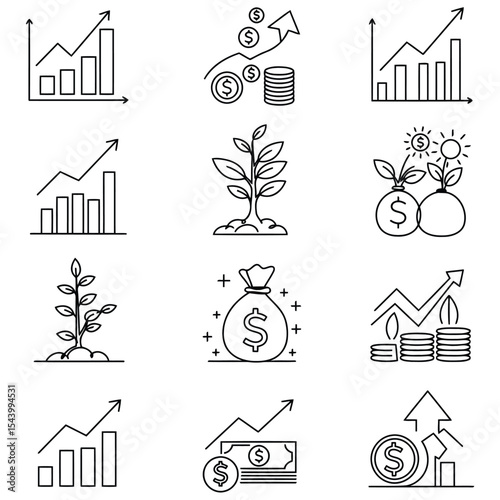 Set of vector icons illustrating financial growth and investment concepts in monochrome style