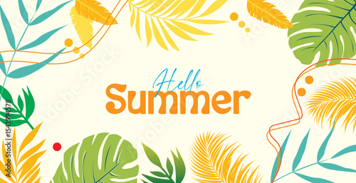 A summer poster featuring tropical leaves set
