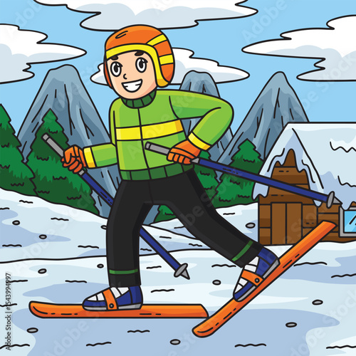 Skiing Boy Walking on Skiboard Colored Cartoon 