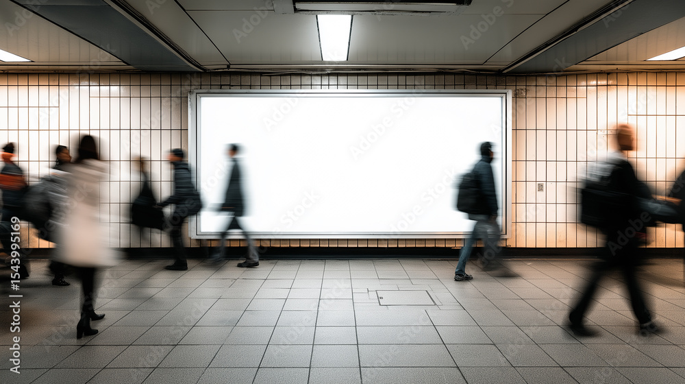 Fototapeta premium Busy commuters walking past blank advertising billboard in subway station.