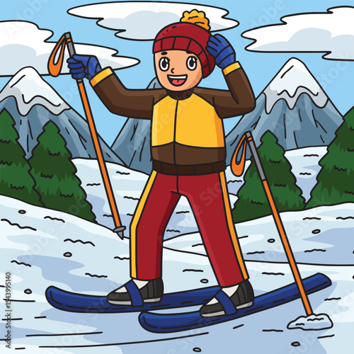 Skiing Boy Fixing Bonnet Colored Cartoon 
