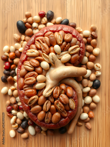 A detailed human kidney, crafted from different types of beans and lentils. The outer cortex is formed using kidney beans,