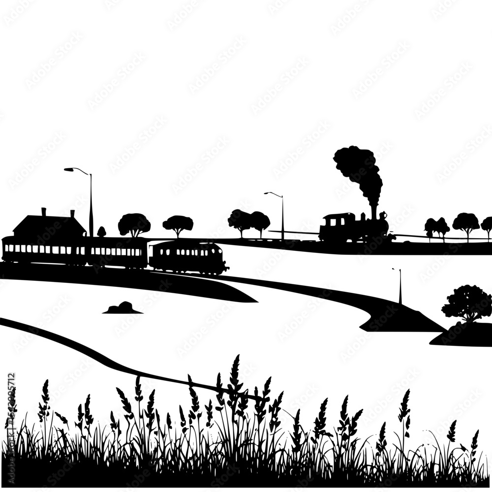 Obraz premium “Silhouette of a train passing through countryside and village, railway travel vector style”