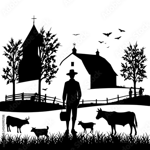  “Village farm silhouette with scarecrow, barn and grazing animals, rural harvest feel”