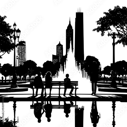  “Silhouette of modern city park with fountain, bench, people and skyline backdrop”