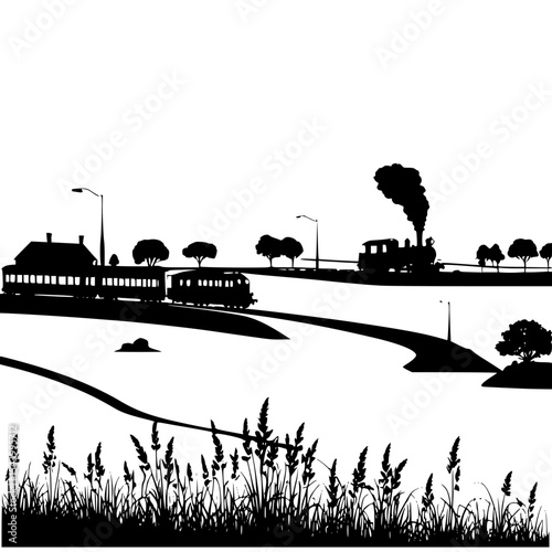  “Silhouette of a train passing through countryside and village, railway travel vector style”