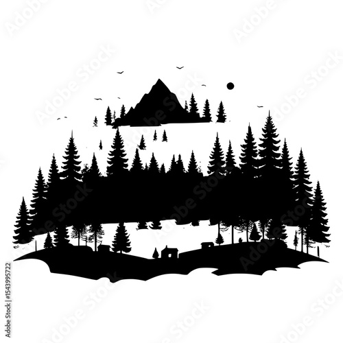 Misty forest silhouette with tiny village hidden between tall pine trees, moody vector design”
