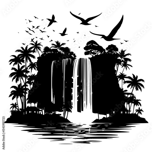 Silhouette of tropical waterfall in jungle with tiny village and birds flying overhead”