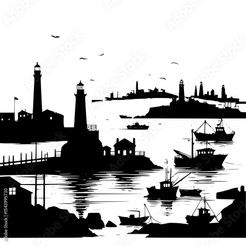 Silhouette of a coastal town with pier, lighthouse and fishing boats, serene seaside style”