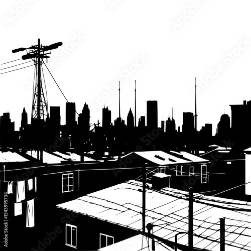  “City rooftop silhouette at sunset with antennas and laundry lines, urban cozy vibes”