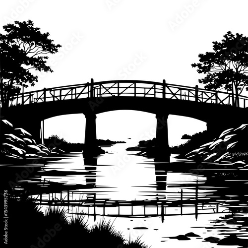 Silhouette of rustic bridge connecting two village sides over river, nostalgic scenery”