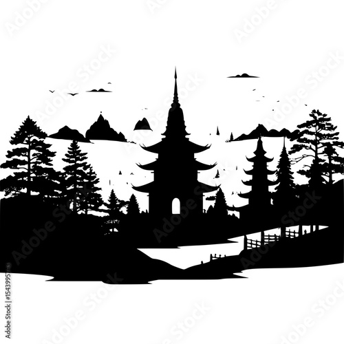 Ancient hilltop temple silhouette surrounded by village houses and forest, mystical design”