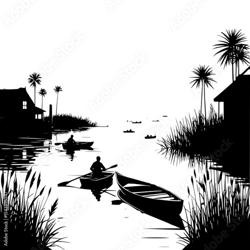 “Silhouette of a cozy lakeside village with rowing boats and reeds, peaceful vector scene”