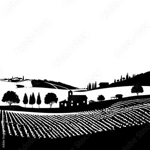 Silhouette of vineyards and farmhouse on rolling hills, Tuscany style landscape”
