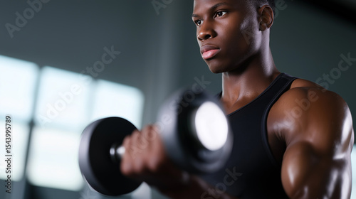 Focused man lifting dumbbells during strength workout at gym.
 photo