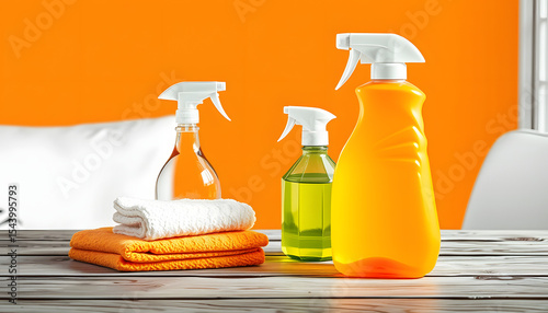 Wooden table with cleaning spray and sponges, bright orange backdrop, home maintenance and tidying theme, color sketch. isolated with white highlights