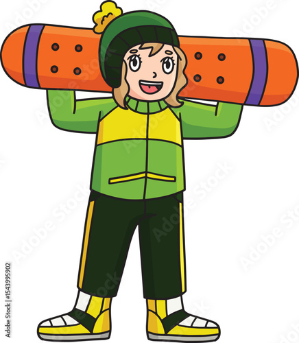 Snowboarding Girl with a Snowboard Cartoon Clipart
