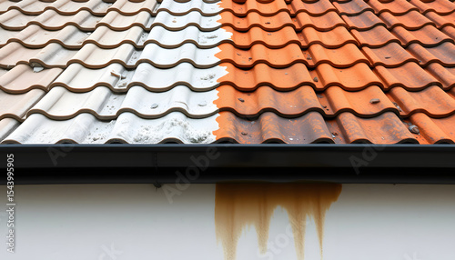 a roof with tiles partially scrubbed clean and still streaked with grime after defoaming, realistic. isolated with white highlights