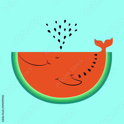 Watermelon Whale Summer trendy poster, card, web or social media banner in modern art style with hand drawn watermelon on soft blue background. Vector illustration.
