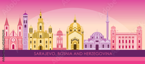 Sunset Skyline panorama of City of Sarajevo, Bosnia And Herzegovina - vector illustration