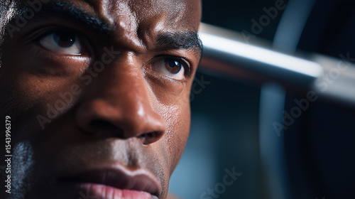 Close-up of determined athlete sweating during intense weightlifting workout.
 photo