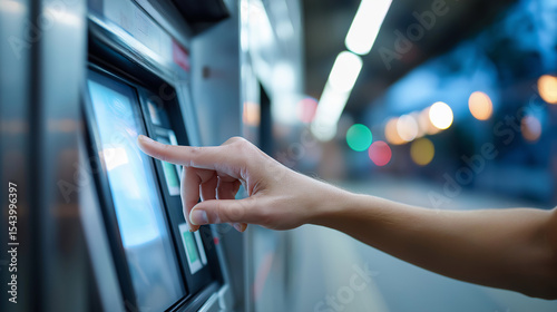 Finger touching digital screen of ticket machine at train station.
