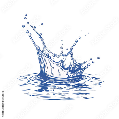 Dynamic Hand-Drawn Blue Water Splash with Crown Effect and Ripples - Freshness and Purity Vector Art