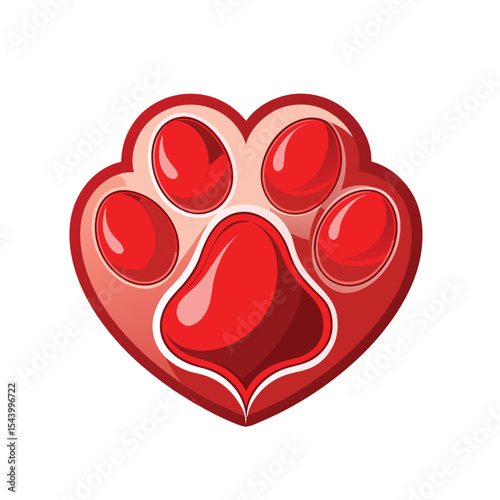 Glossy Red Paw Print Emblem with Heart Outline - Symbol of Pet Love and Animal Care